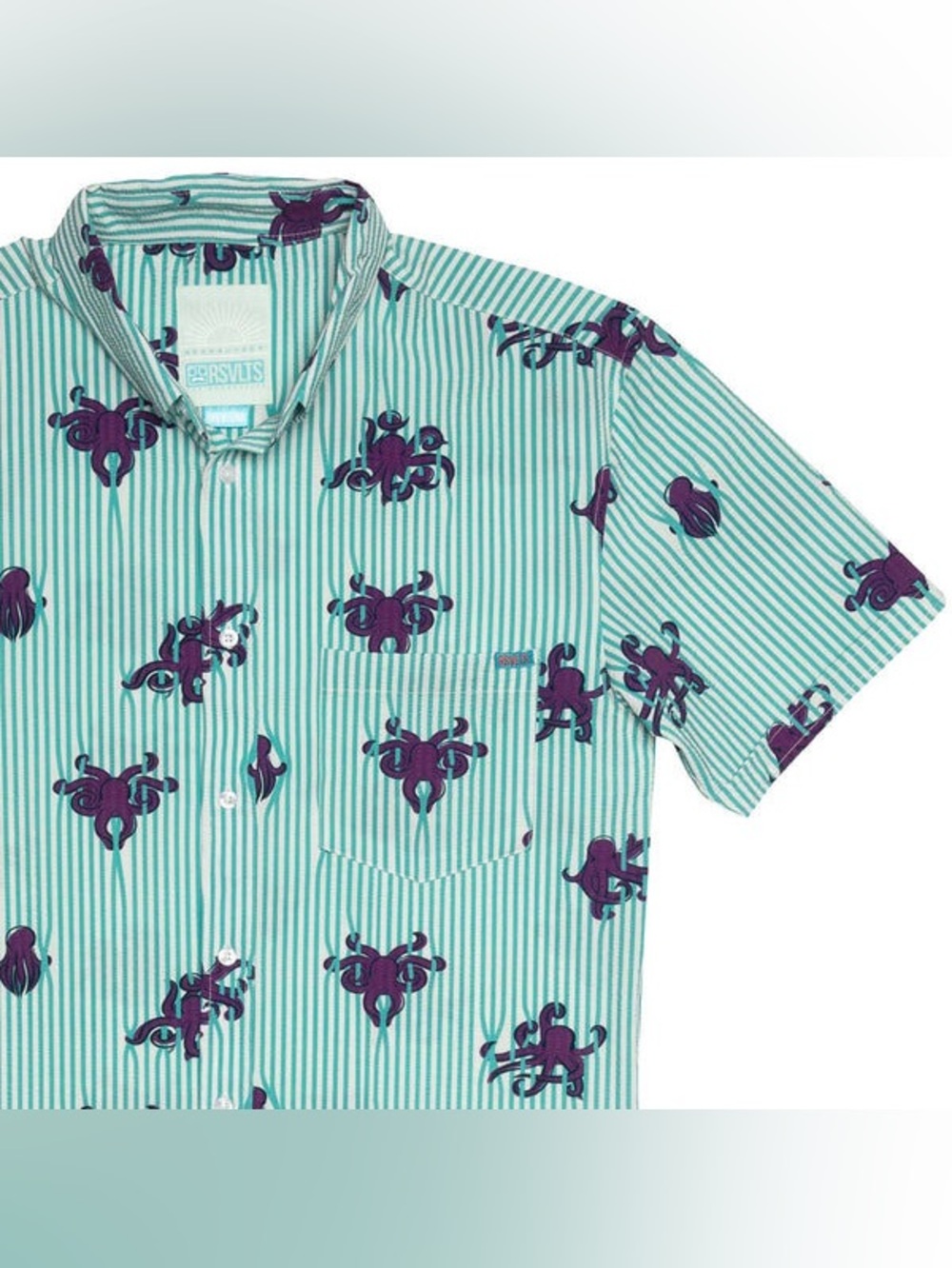 RSVLTS Seersucker Mint-Striped Shirt with Purple Octopus Print
